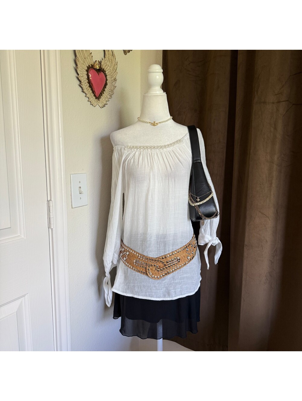 Mlle Gabrielle White Off Shoulder Pearl Trim Boho Top Cottagecore Fairycore Sz S